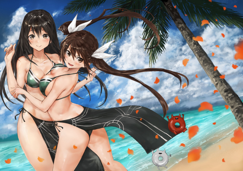 adapted_costume alternate_costume ass asymmetrical_docking bangs beach bikini black_eyes black_hair blue_sky blush breast_press breasts brown_eyes brown_hair chikuma_(kantai_collection) closed_mouth collarbone commentary_request day enemy_lifebuoy_(kantai_collection) floating_hair green_bikini hair_between_eyes hair_ribbon highleg highleg_bikini highres hug kantai_collection large_breasts long_hair looking_at_viewer medium_breasts multiple_girls navel ocean open_mouth outdoors palm_tree pelvic_curtain petals remodel_(kantai_collection) ribbon sand side-tie_bikini sidelocks sky smile stomach swimsuit thighs toka_(marchlizard) tone_(kantai_collection) tree twintails white_ribbon wind wind_lift