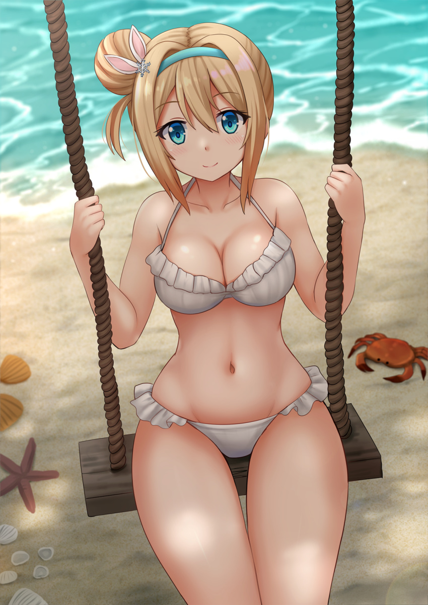 animal animal_ears bangs bare_arms bare_shoulders beach bikini blue_eyes blue_hairband blush breasts bunny_ears cleavage closed_mouth commentary crab day english_commentary eyebrows_visible_through_hair girls_frontline hair_between_eyes hair_bun hair_intakes hair_ornament hairband highres kazenokaze light_brown_hair looking_at_viewer medium_breasts navel outdoors sand seashell shell side_bun sidelocks sitting smile snowflake_hair_ornament solo starfish suomi_kp31_(girls_frontline) swimsuit swing thigh_gap water white_bikini