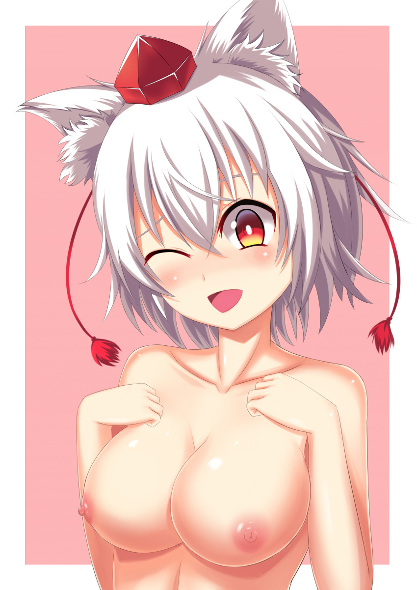 ;d absurdres animal_ears blush border breasts chinese_commentary collarbone commentary_request hair_between_eyes hands_on_own_chest hands_up hat highres inubashiri_momiji large_breasts looking_at_viewer nipples nude one_eye_closed open_mouth outside_border pink_background red_eyes shiny shiny_skin short_hair silver_hair simple_background smile solo tassel tokin_hat touhou upper_body white_border wolf_ears wuwusan