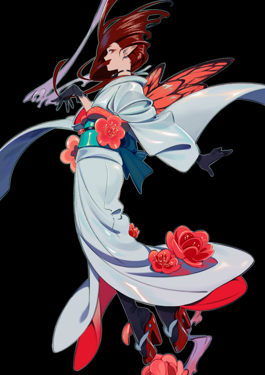 absurdres black_background black_choker black_gloves brown_hair choker covered_mouth earrings fairy_wings flower from_side gloves grey_kimono high_heels highres japanese_clothes jewelry kimono long_sleeves looking_at_viewer looking_to_the_side obi original pointy_ears red_flower red_footwear sash simple_background solo umishima_senbon wings