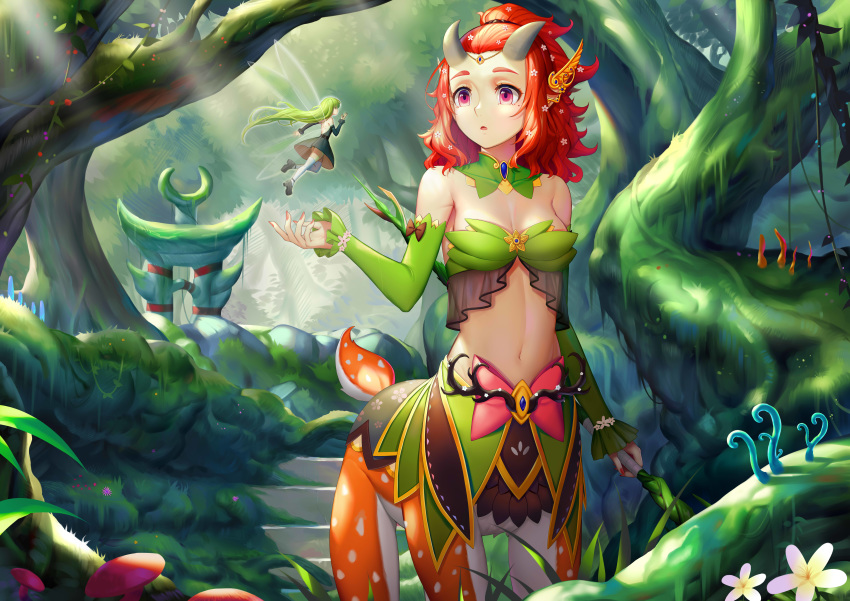 breasts cleavage fairy forest green_hair horns long_hair navel original red_eyes red_hair short_hair sonic0_0 tree