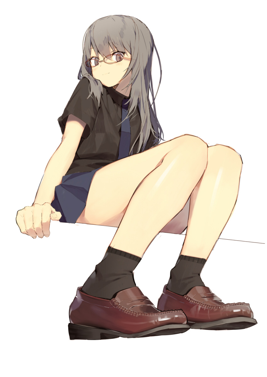 black_legwear black_shirt blue_skirt brown_footwear closed_mouth commentary from_below glasses grey_eyes grey_hair highres loafers long_hair looking_at_viewer misoni_comi original shirt shoes short_sleeves simple_background sitting skirt smile socks solo white_background