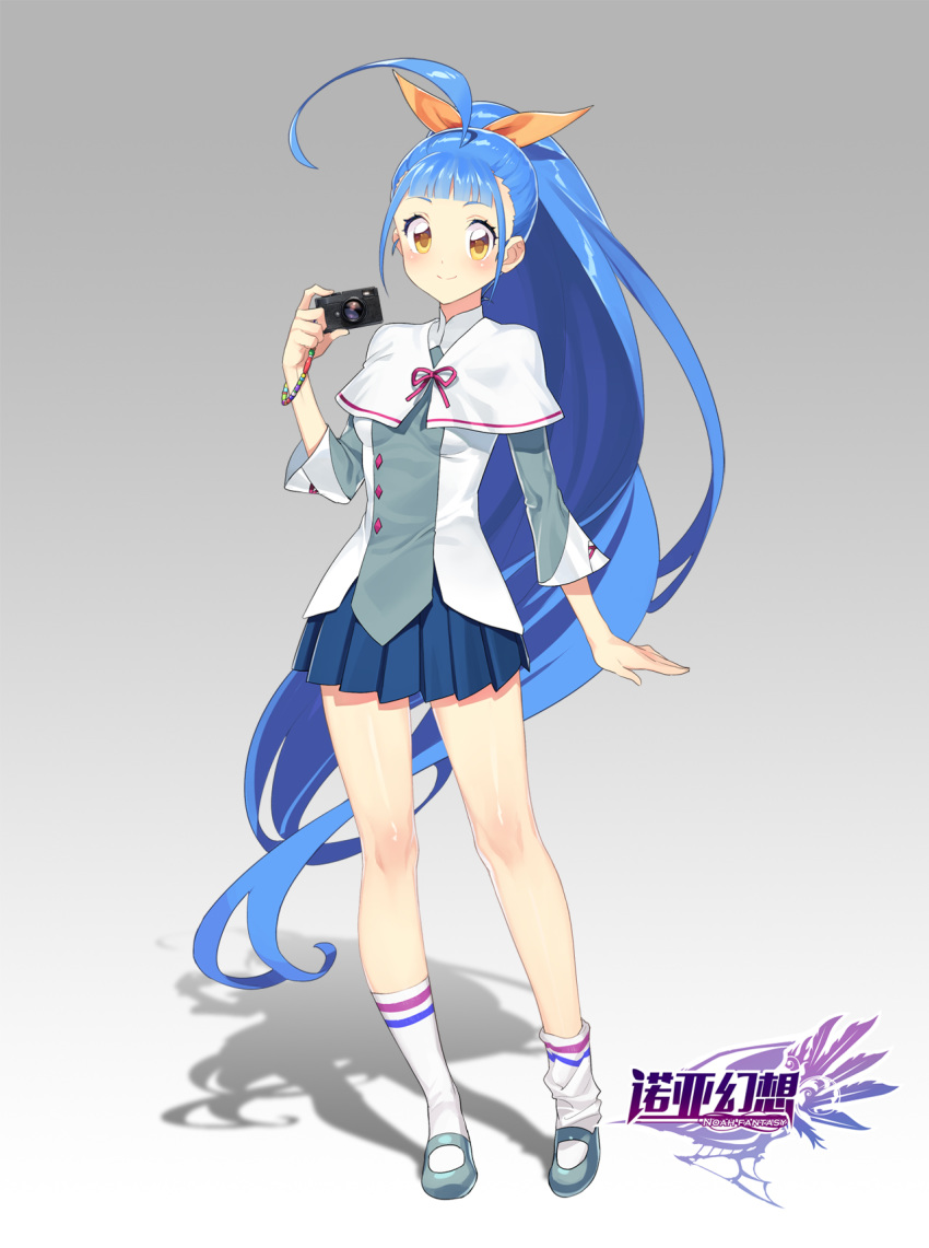 :d ahoge arm_at_side armband bangs blue_hair blue_skirt blush bow breasts brown_eyes camera capelet character_request copyright_name full_body grey_background grey_footwear hair_bow hand_up high_ponytail highres huge_ahoge kushabiria long_hair looking_at_viewer noah_fantasy official_art open_mouth orange_bow skirt small_breasts smile socks standing very_long_hair watermark white_capelet