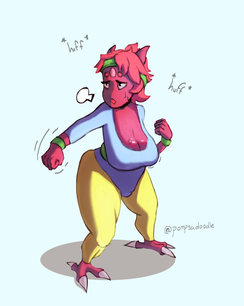 80's_clothes alien big_breasts breasts cleavage clothed clothing exercise female hair headbank horn legwear pink_hair pink_skin pompsadoodle slightly_chubby solo sweat thick_thighs tights workout workout_clothes