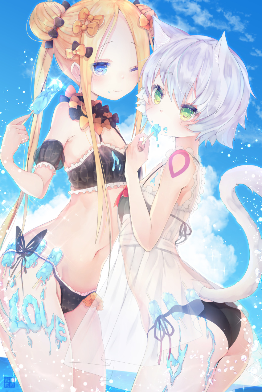 abigail_williams_(fate/grand_order) absurdres alternate_hairstyle animal_ears arched_back ass bangs bare_arms bare_shoulders bikini black_bikini black_bow black_neckwear blonde_hair blue_eyes blue_sky blush bow bowtie breasts cat_ears cat_tail closed_mouth cloud commentary_request cowboy_shot day double_bun dress dripping english eyebrows_visible_through_hair eyes_visible_through_hair facial_scar fate/grand_order fate_(series) flat_chest food food_in_mouth food_on_body food_on_clothes food_on_face forehead frilled_bikini frills glint green_eyes grey_hair groin hair_between_eyes hair_bow head_tilt heart highres holding holding_food jack_the_ripper_(fate/apocrypha) kemonomimi_mode legs_together long_hair looking_at_viewer looking_to_the_side melting multiple_girls navel ocean one_eye_closed orange_bow orange_neckwear outdoors parted_bangs popsicle red_ribbon ribbon scar scar_across_eye scar_on_cheek see-through short_hair shoulder_tattoo side-tie_bikini sidelocks signature sky small_breasts smile sparkle standing stomach summer swimsuit tail tattoo twintails very_long_hair water_drop white_dress zuzi_sotusko