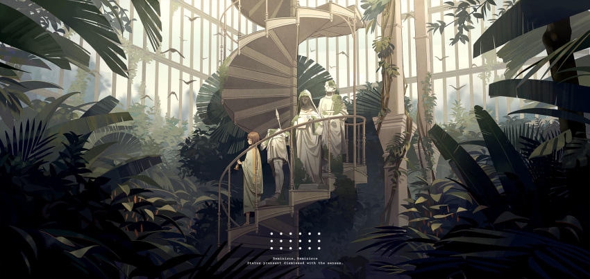 barefoot bell bird brown_hair closed_eyes column commentary english_commentary fern highres holding long_sleeves moss norizc original pillar robe scenery short_hair solo stairs stairwell standing statue tree walking wide_sleeves