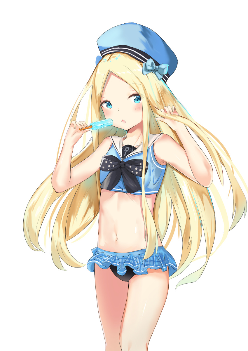 :o abigail_williams_(fate/grand_order) absurdres bangs bare_arms bare_shoulders beret bikini_skirt black_bikini_bottom black_bow blonde_hair blue_bow blue_eyes blue_hat blue_shirt blush bow collarbone commentary eyebrows_visible_through_hair fate/grand_order fate_(series) fingernails food forehead hands_up hat hat_bow highres holding holding_food long_hair looking_at_viewer navel parted_bangs parted_lips popsicle sailor_collar school_uniform serafuku shirt simple_background sleeveless sleeveless_shirt solo very_long_hair white_background white_sailor_collar yukaa