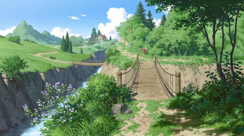 akasa_tanaha_(user_uhrn4435) blue_sky bush cloud commentary_request day field flower foliage forest grass highres house mountain nature no_humans original outdoors path plant river road rock scenery shadow sign sky tree water wooden_bridge