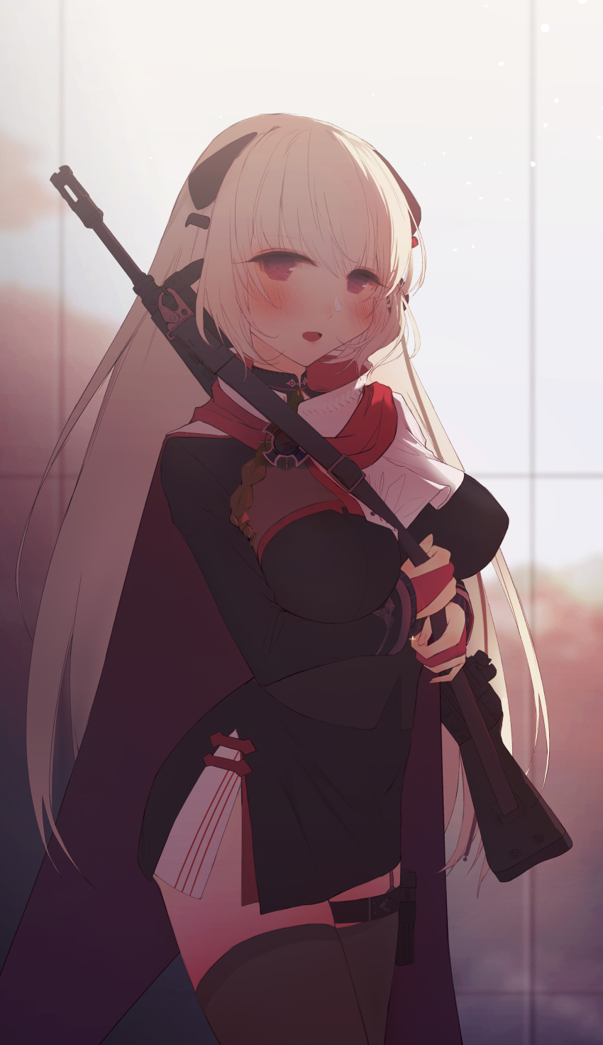 :o absurdres backlighting bangs battle_rifle between_breasts black_dress blonde_hair blush breasts brown_legwear cape commentary_request day dress eyebrows_visible_through_hair g3_(girls_frontline) girls_frontline gloves gun h&amp;k_g3 hair_between_eyes handgun head_tilt headset highres holding holding_strap holster holstered_weapon indoors iron_cross long_hair long_sleeves looking_at_viewer md5_mismatch medium_breasts mod3_(girls_frontline) muike open_mouth partly_fingerless_gloves purple_eyes red_gloves rifle skindentation solo standing thigh_holster thighhighs very_long_hair weapon weapon_on_back white_cape