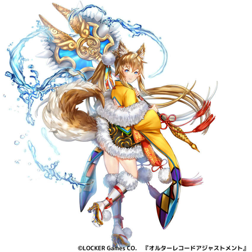 animal_ears blue_eyes boots copyright_request dog_ears dog_tail ekm full_body fur_trim hair_ornament high_heel_boots high_heels highres holding holding_weapon long_hair looking_at_viewer official_art pom_pom_(clothes) ponytail sidelocks solo tail very_long_hair water watermark weapon white_background white_footwear wide_sleeves
