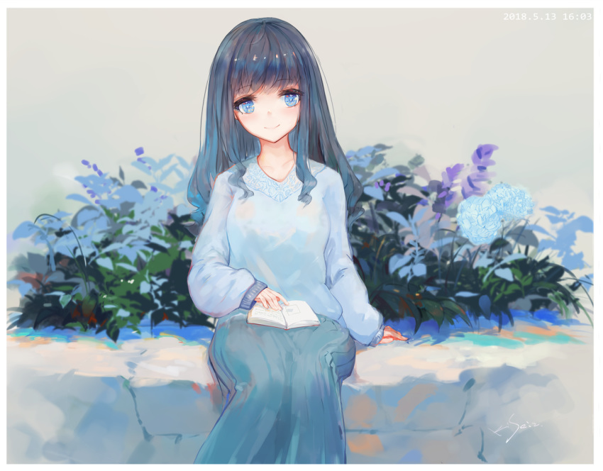 arm_support bangs black_hair blue_eyes blue_flower blue_skirt blue_sweater book closed_mouth commentary_request dated eyebrows_visible_through_hair flower grey_background kisei2 long_hair long_sleeves looking_at_viewer open_book original puffy_long_sleeves puffy_sleeves purple_flower signature sitting skirt sleeves_past_wrists smile solo sweater