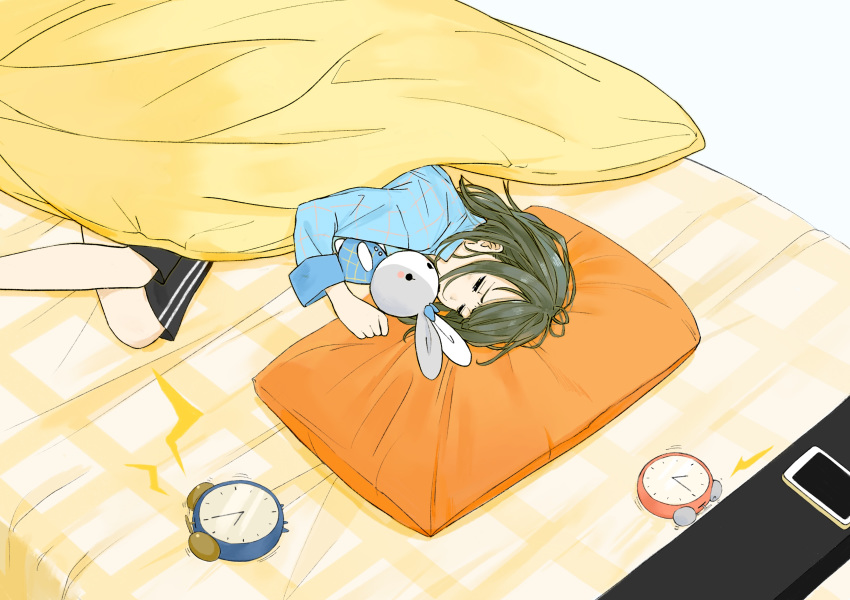 absurdres alarm_clock bed black_shorts blue_bow blue_shirt blush_stickers bow cellphone clock closed_eyes feet_out_of_frame grey_hair highres long_sleeves lying messy_hair on_side original pajamas phone pillow sako_(user_ndpz5754) shirt short_hair shorts sleeping smartphone solid_circle_eyes solo stuffed_animal stuffed_bunny stuffed_toy under_covers