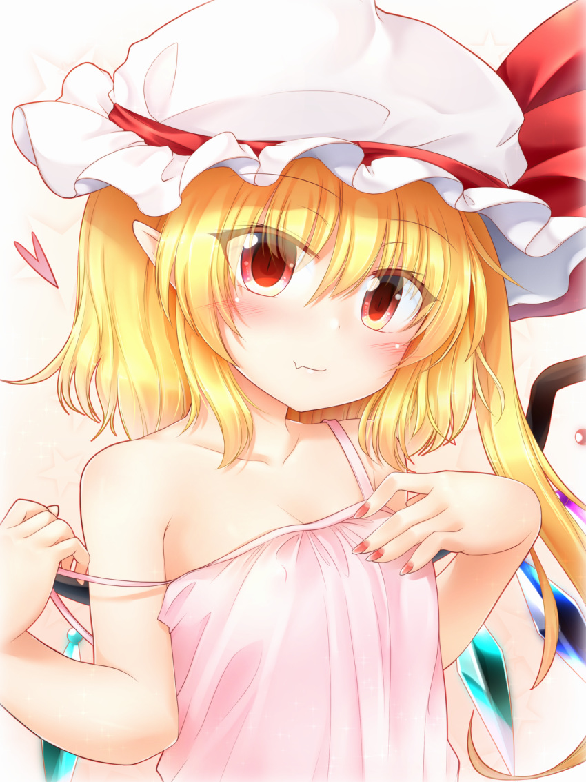 bangs bare_arms bare_shoulders blonde_hair blush breasts camisole cleavage closed_mouth collarbone commentary_request crystal eyebrows_visible_through_hair eyes_visible_through_hair fang fang_out flandre_scarlet flat_chest hair_between_eyes hand_on_own_chest hand_up hat hat_ribbon head_tilt heart highres long_hair looking_at_viewer m9kndi mob_cap nail_polish pink_camisole pointy_ears red_eyes red_nails red_ribbon ribbon side_ponytail slit_pupils smile solo spaghetti_strap star starry_background strap_pull touhou upper_body white_background white_hat wings
