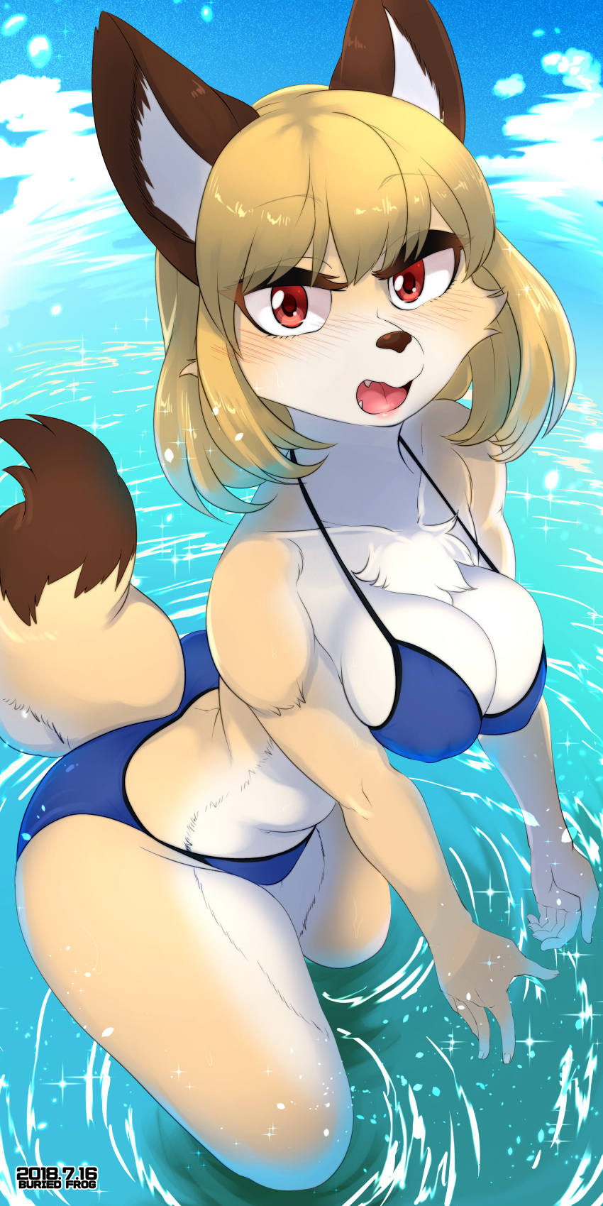 2018 anthro blush breasts buried_frog butt canine chest_tuft clothing female fox looking_at_viewer mammal nipple_bulge open_mouth partially_submerged red_eyes solo swimsuit tuft water