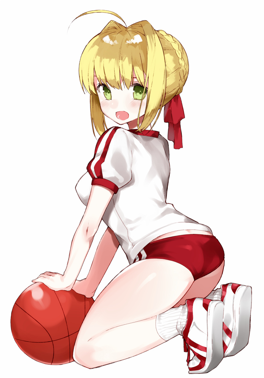 :d ahoge ass ball bangs basketball blonde_hair braid breasts buruma fate/grand_order fate_(series) from_side full_body green_eyes gym_shirt gym_uniform hair_intakes hair_ribbon hasegawa_(rarairairai) highres kneeling looking_at_viewer looking_to_the_side medium_breasts nero_claudius_(fate) nero_claudius_(fate)_(all) olympian_bloomers open_mouth red_buruma red_ribbon ribbon shirt shoes short_hair short_sleeves simple_background smile sneakers socks solo white_background white_legwear