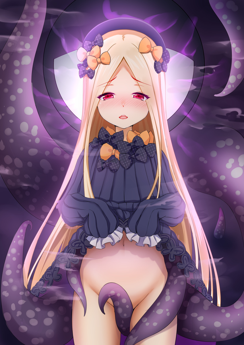 abigail_williams_(fate/grand_order) absurdres bangs between_legs black_bow black_dress black_hat blonde_hair blush bow bug butterfly commentary_request dress dress_lift eyebrows_visible_through_hair fate/grand_order fate_(series) forehead groin hair_bow hat highres insect lifted_by_self long_hair long_sleeves looking_at_viewer navel no_panties nose_blush open_mouth orange_bow parted_bangs polka_dot polka_dot_bow red_eyes sleeves_past_fingers sleeves_past_wrists solo tentacles upper_teeth very_long_hair zuizhong