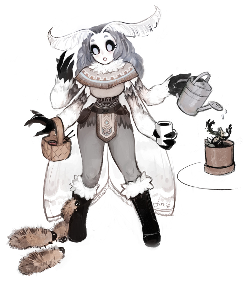 absurdres antennae artist_name basket black_sclera boots capelet caterpillar commentary cup english_commentary full_body fur fur-trimmed_boots fur_collar fur_trim grey_hair highres holding holding_cup holding_watering_can long_hair matilda_vin monster_girl moth_girl moth_wings mother_lumi multiple_arms no_pupils original pants paws plant potted_plant silver_eyes simple_background solo watering_can white_background wings