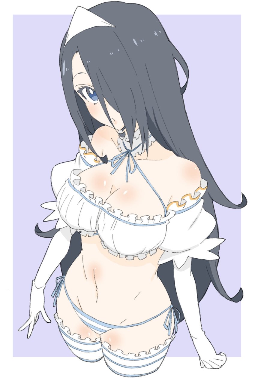 absurdres bad_id bad_twitter_id bare_shoulders black_hair blue_eyes blue_neckwear blue_ribbon breasts cowboy_shot criss-cross_halter cropped_legs detached_sleeves donguri_suzume elbow_gloves gloves hair_over_one_eye halterneck highres large_breasts long_hair looking_at_viewer navel neck_ribbon original panties parted_lips puffy_short_sleeves puffy_sleeves purple_background ribbon short_sleeves simple_background solo striped striped_panties thighhighs triangular_headpiece underwear white_gloves