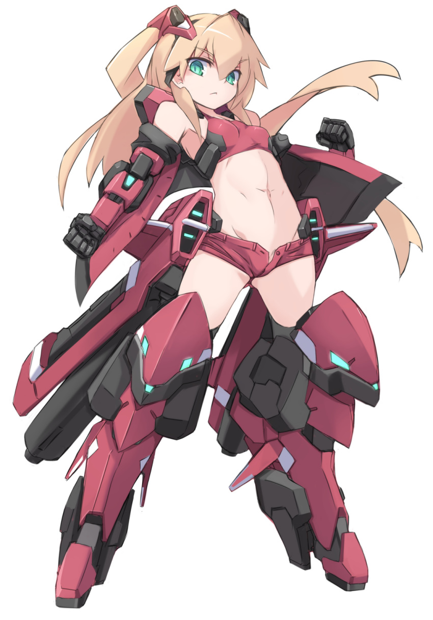 armor blonde_hair breasts clenched_hands closed_mouth commentary_request densou_tenshi_valforce eyebrows_visible_through_hair full_body green_eyes groin highres karukan_(monjya) long_hair looking_at_viewer mecha_musume midriff misawa_elena navel open_fly red_footwear red_shorts short_shorts shorts simple_background small_breasts solo standing two_side_up unbuttoned white_background