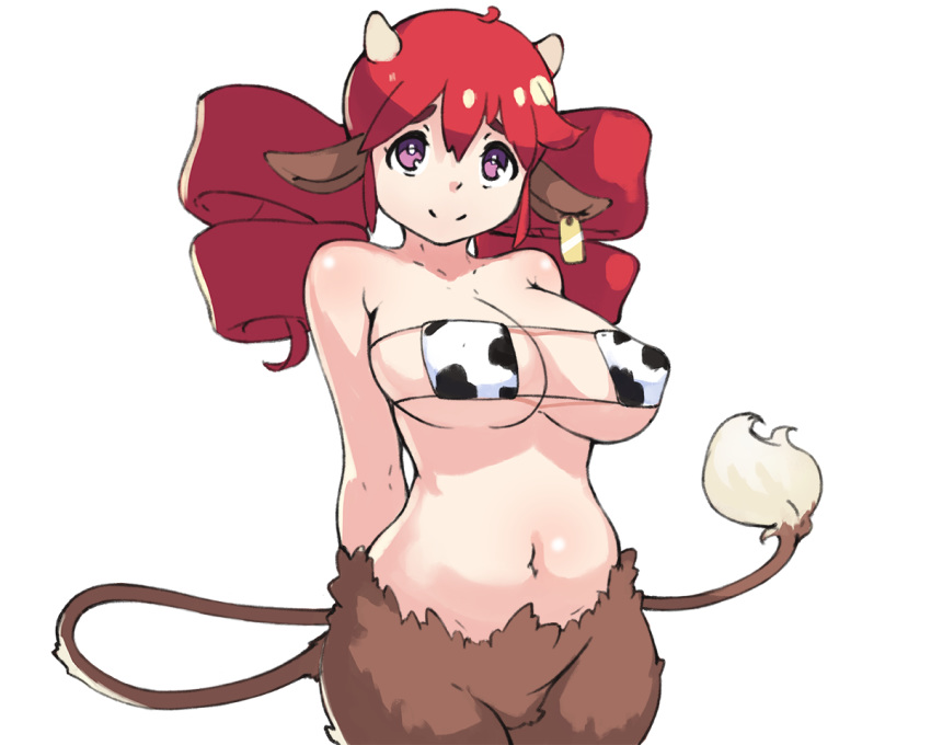 animal_ears animal_print arms_behind_back bare_shoulders breasts bright_pupils closed_mouth cow_ears cow_horns cow_print cow_tail cowboy_shot drill_hair eyepatch_bikini horns large_breasts looking_at_viewer monster_girl navel original pink_eyes red_hair simple_background smile solo standing tail twin_drills vins-mousseux white_background