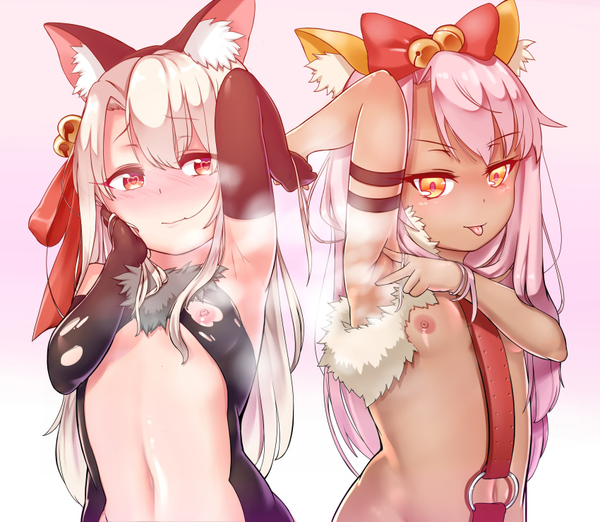 :p absurdres animal_ears armpits bangs bare_shoulders bell black_gloves black_leotard blush bow breasts brown_eyes cat_ears chloe_von_einzbern commentary_request dark_skin elbow_gloves eyebrows_visible_through_hair fate/kaleid_liner_prisma_illya fate_(series) fur_trim gloves gradient gradient_background hair_bell hair_between_eyes hair_bow hair_in_mouth hair_ornament heart heart-shaped_pupils highres illyasviel_von_einzbern jingle_bell korean_commentary leotard light_brown_hair long_hair looking_at_viewer multiple_girls navel nipples nose_blush note2000 o-ring pink_background pink_hair red_bow red_eyes small_breasts smile steaming_body symbol-shaped_pupils tongue tongue_out torn_clothes torn_leotard upper_body very_long_hair white_background