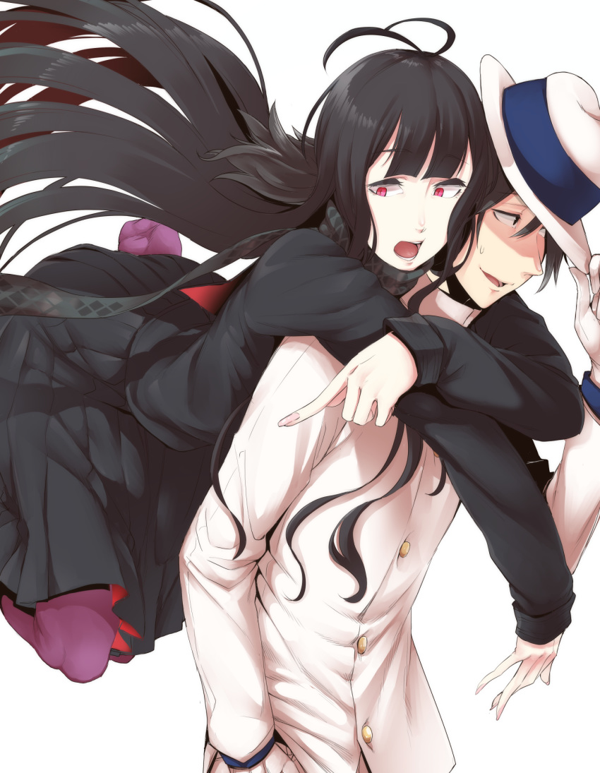 1girl antenna_hair black_hair black_scarf black_shirt black_skirt fate/grand_order fate_(series) from_side gloves hat highres jacket long_hair long_sleeves nakamura_regura open_mouth oryou_(fate) pantyhose parted_lips pleated_skirt red_eyes red_legwear sakamoto_ryouma_(fate) scarf shirt simple_background skirt smile sweatdrop very_long_hair white_background white_gloves white_jacket