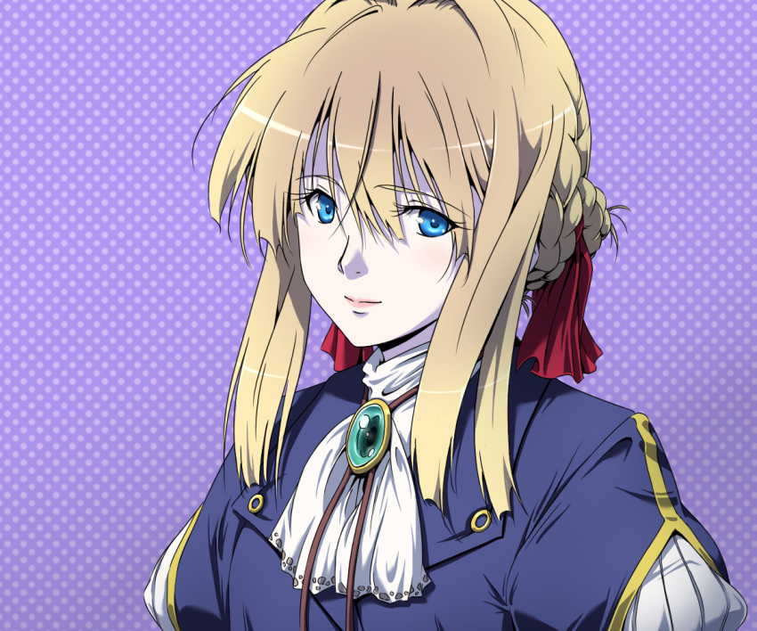 blonde_hair blue_eyes brooch commentary_request hair_between_eyes hair_intakes hair_ribbon jewelry long_hair looking_at_viewer red_ribbon ribbon sakuraba_tsukasa smile solo violet_evergarden violet_evergarden_(character) white_neckwear