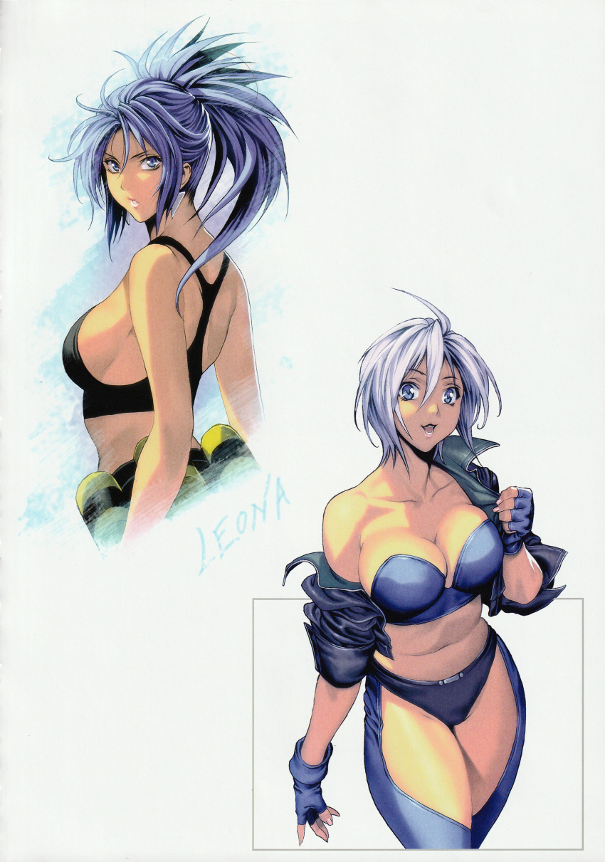 :d absurdres ahoge angel_(kof) bandolier bare_shoulders blue_bra blue_eyes blue_hair bra breasts chaps character_name cleavage collarbone cowboy_shot earrings explosive fingerless_gloves fingernails gloves grenade highres homare_(fool's_art) huge_filesize jacket jewelry large_breasts leona_heidern long_hair looking_at_viewer looking_back midriff multiple_girls navel off_shoulder open_clothes open_jacket open_mouth parted_lips ponytail short_hair sideboob sidelocks simple_background sleeves_pushed_up smile standing tank_top the_king_of_fighters underwear weapon white_background white_hair