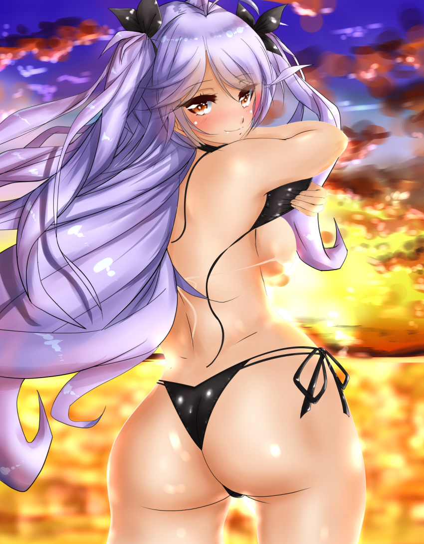 1girl antenna_hair artist_request ass azur_lane bare_shoulders bikini breasts brown_eyes censored convenient_censoring from_behind hair_ribbon large_breasts long_hair looking_at_viewer looking_back prinz_eugen_(azur_lane) ribbon shiny shiny_clothes shiny_hair shiny_skin sideboob silver_hair smile solo sun sunset swimsuit twintails very_long_hair wardrobe_malfunction