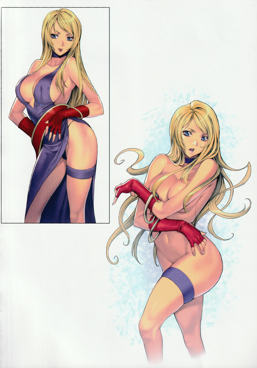 absurdres bangle bangs blonde_hair bonne_jenet bracelet breasts choker cleavage collarbone covered_nipples covering covering_breasts dress fatal_fury fingerless_gloves fingernails floating_hair gloves highres homare_(fool's_art) huge_filesize jewelry large_breasts lips lipstick long_hair makeup mark_of_the_wolves multiple_views navel nude open_mouth panties purple_eyes scan shiny shiny_hair shiny_skin side_slit simple_background sleeveless smile snk thigh_strap tongue tongue_out underwear