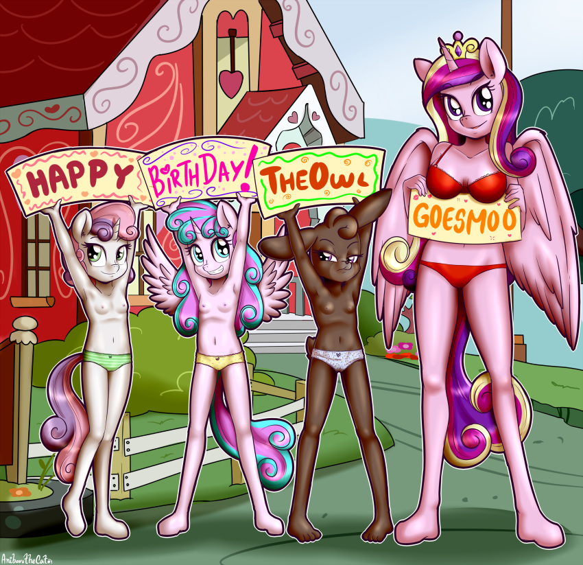 2018 absurd_res aged_up anibaruthecat anthro bra breasts clothing digital_media_(artwork) english_text equine feet female flat_chested flurry_heart_(mlp) friendship_is_magic group hair hi_res holding_object horn lagomorph long_hair mammal multicolored_hair my_little_pony nipples outside panties princess_cadance_(mlp) rabbit sign small_breasts smile sweetie_belle_(mlp) text two_tone_hair underwear unicorn winged_unicorn wings young