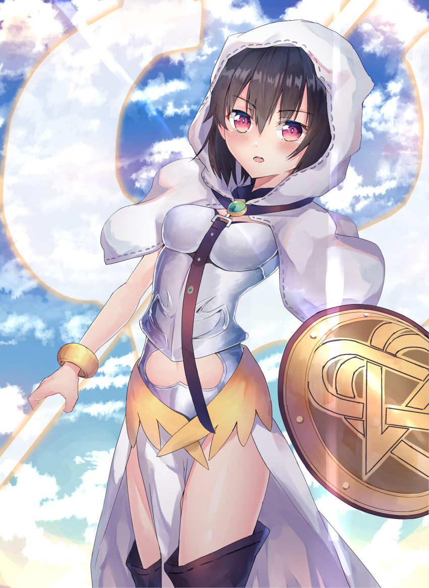absurdres armor armored_dress black_hair black_legwear blush bracelet breastplate cloud dress energy_wings fate/grand_order fate_(series) highres holding holding_staff jewelry looking_at_viewer muragaki_(sgxx4878) ortlinde_(fate/grand_order) red_eyes shield short_hair sky solo staff thighhighs valkyrie_(fate/grand_order) white_dress wings zettai_ryouiki