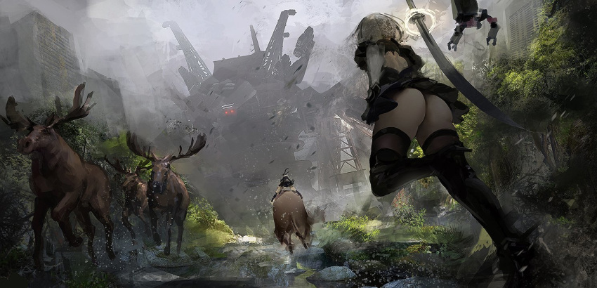 ass back_cutout black_dress black_hairband boots dress drone feather-trimmed_sleeves fog from_behind from_below gloves hairband high_heel_boots high_heels juliet_sleeves katana legs long_sleeves moose nier_(series) nier_automata outdoors pod_(nier_automata) puffy_sleeves qosic robot ruins running silver_hair sword sword_behind_back thigh_boots thighhighs thighhighs_under_boots thighs tree upskirt vambraces weapon yorha_no._2_type_b yorha_no._9_type_s