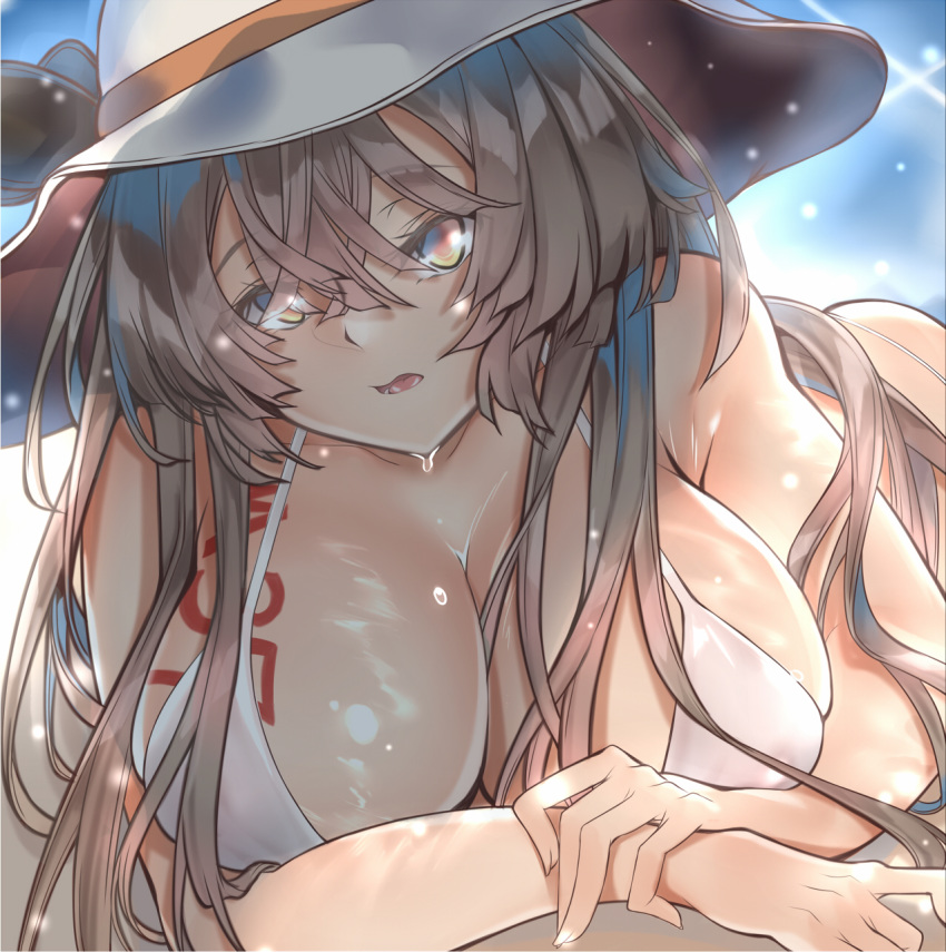 bababababan bangs bikini blue_sky blurry blurry_background body_writing breast_tattoo breasts brown_hair commentary_request dripping eyebrows_visible_through_hair girls_frontline hat highres ithaca_m37_(girls_frontline) large_breasts long_hair looking_at_viewer open_mouth shiny shiny_skin sky solo sun_hat sweat swimsuit tattoo very_long_hair wet white_bikini yellow_eyes