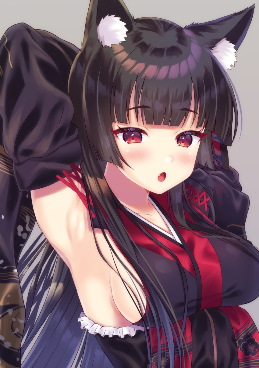 :o armpits arms_up azur_lane bangs black_hair black_kimono blush breasts collarbone commentary detached_sleeves eyebrows_visible_through_hair fang grey_background highres honami_(yths4221) japanese_clothes kimono large_breasts long_hair long_sleeves looking_at_viewer parted_lips red_eyes sideboob simple_background sleeveless sleeveless_kimono solo very_long_hair yamashiro_(azur_lane)