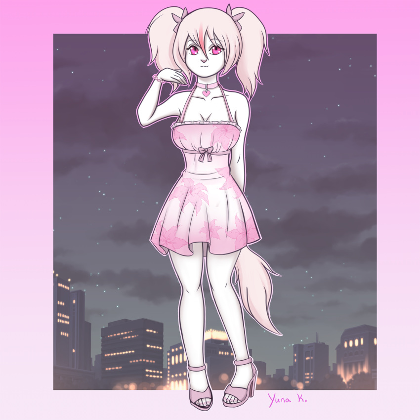 anthro breasts canine clothed clothing dress female hair hi_res looking_at_viewer mammal pink_eyes signature spaniel white_hair yuna-bishie-lover