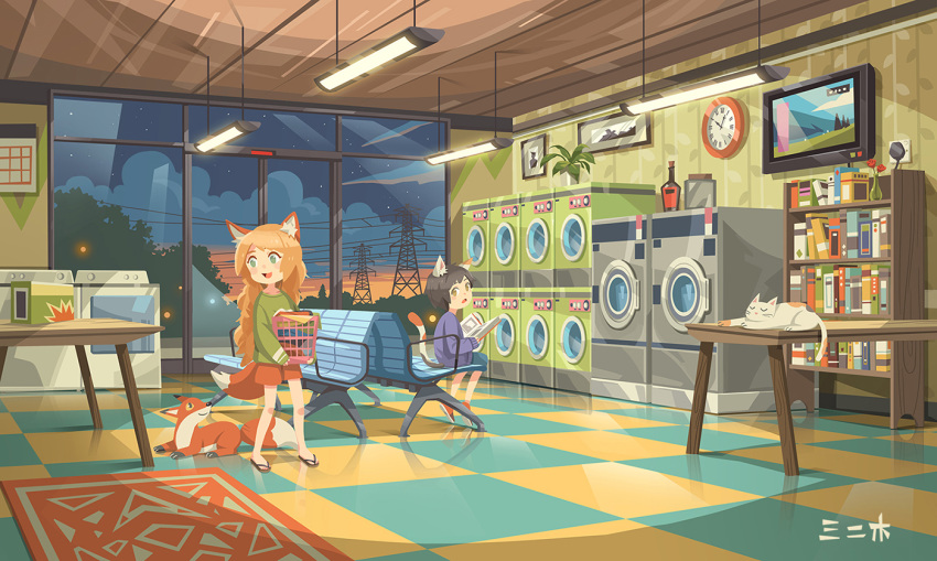 animal_ear_fluff animal_ears artist_name bench black_hair blush book bookshelf brown_eyes brown_hair carpet cat cat_ears cat_tail checkered checkered_floor clock clothes_dryer dusk flip-flops fox fox_ears fox_tail frame green_eyes hanging_light holding holding_book indoors kitsu+3 laundromat laundry_basket long_hair looking_at_viewer looking_away multiple_girls night open_mouth original photo_(object) power_lines sandals scenery shoes short_hair sitting sky smile sneakers standing star_(sky) starry_sky table tail television transmission_tower wall_clock washing_machine window