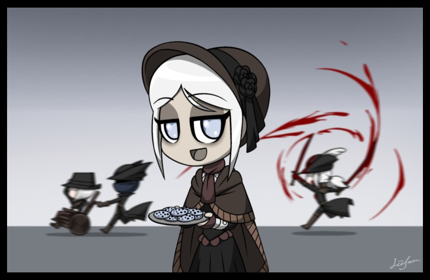 2girls ascot bangs blood bloodborne blue_eyes bonnet cape chasing cloak colorized commentary cookie dress dual_wielding english_commentary eyebrows_visible_through_hair flower food gehrman_the_first_hunter hat hat_feather holding hunter_(bloodborne) lady_maria_of_the_astral_clocktower lee-sanixay long_hair multiple_boys multiple_girls open_mouth plain_doll ponytail rakuyo_(bloodborne) rose running scarf short_hair swept_bangs sword the_old_hunters top_hat weapon wheelchair white_hair