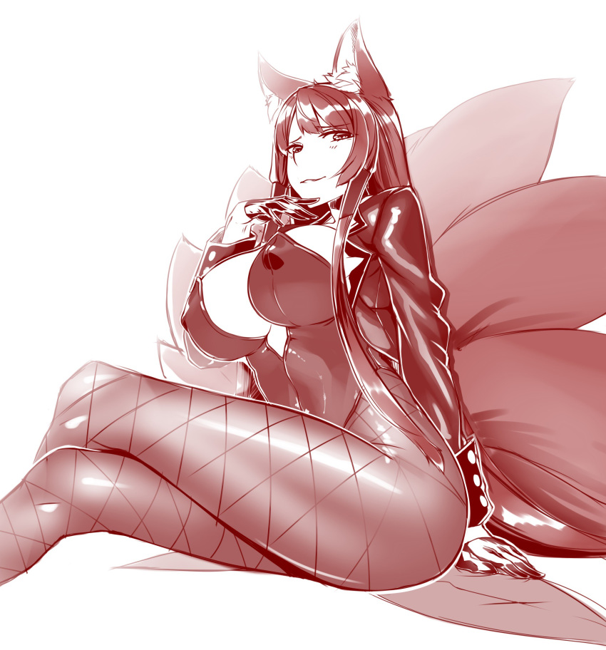 absurdres akagi_(azur_lane) animal_ear_fluff animal_ears azur_lane breasts bunny_girl cleavage commentary_request covered_nipples crossed_legs fishnet_pantyhose fishnets fox_ears fox_tail gloves hiememiko highres jacket large_breasts long_legs multiple_tails pantyhose tail thighs white_background