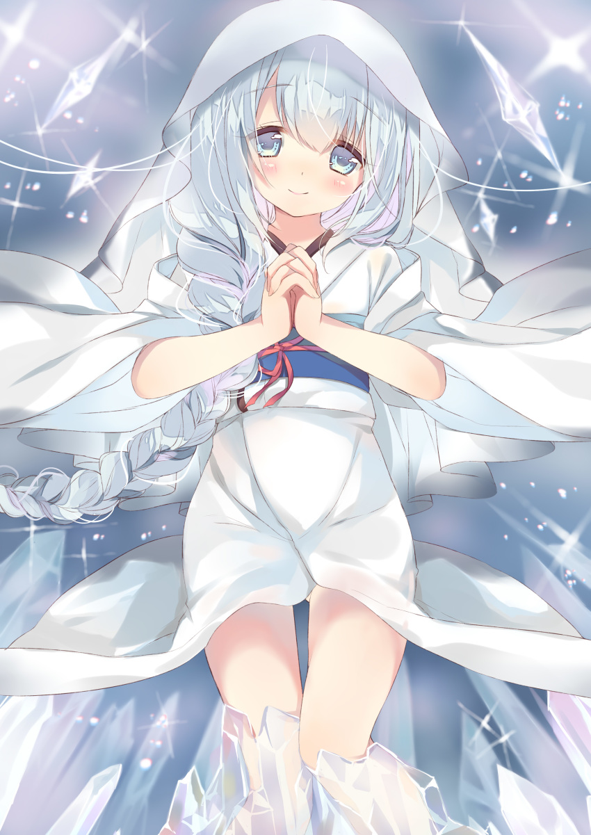 absurdres ame_usari bangs blue_eyes blush braid closed_mouth commentary_request eyebrows_visible_through_hair fingernails hair_between_eyes hands_clasped hands_up head_tilt highres hiyuki-chan hood hood_up ice japanese_clothes kimono long_hair long_sleeves looking_at_viewer obi own_hands_together sash side_braid sidelocks silver_hair smile solo sound_voltex very_long_hair white_kimono wide_sleeves
