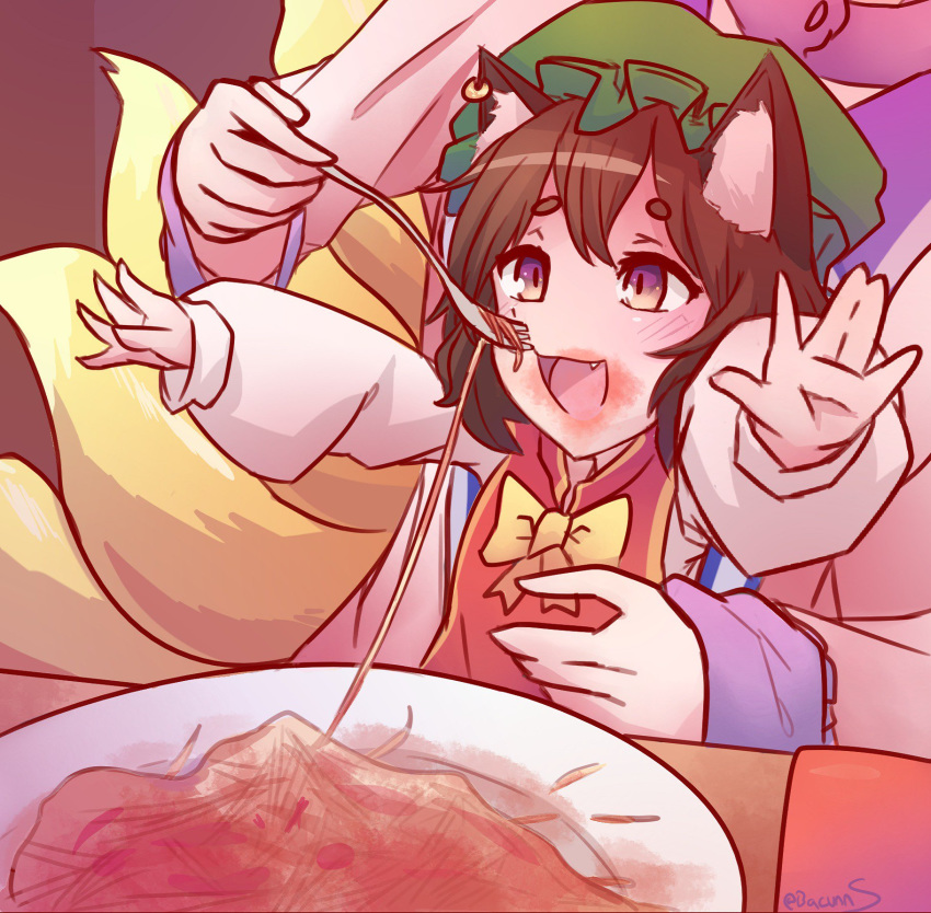 animal_ear_fluff animal_ears bacun cat_ears chen commentary fang feeding food fork fox_tail highres kitsune meme multiple_girls multiple_tails outstretched_arms parody pasta plate spaghetti stain tail touhou yakumo_ran