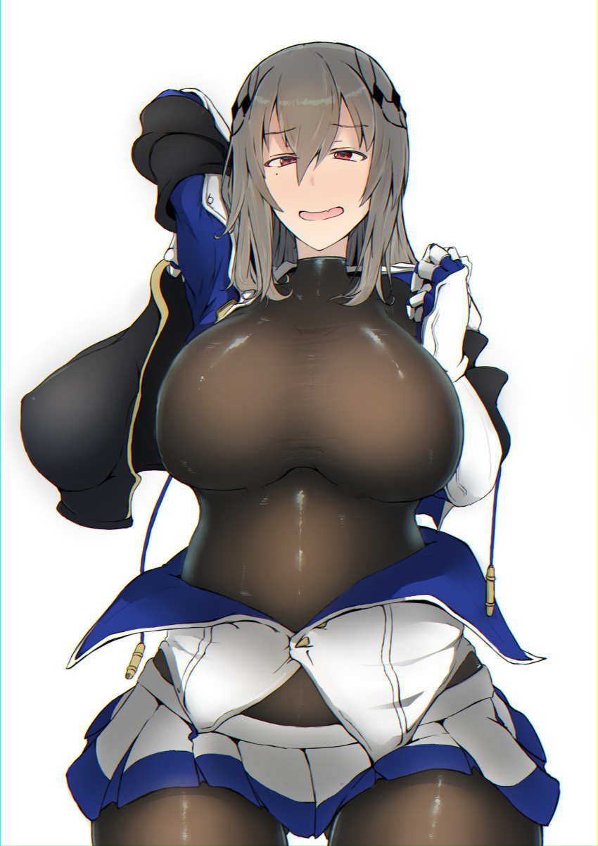 absurdres arm_behind_head azur_lane black_legwear breasts eyebrows_visible_through_hair gauntlets grey_hair hair_between_eyes hair_ornament highres large_breasts looking_at_viewer miniskirt mole mole_under_eye open_mouth pantyhose pleated_skirt red_eyes saint-louis_(azur_lane) shiworiita simple_background skirt smile solo white_background