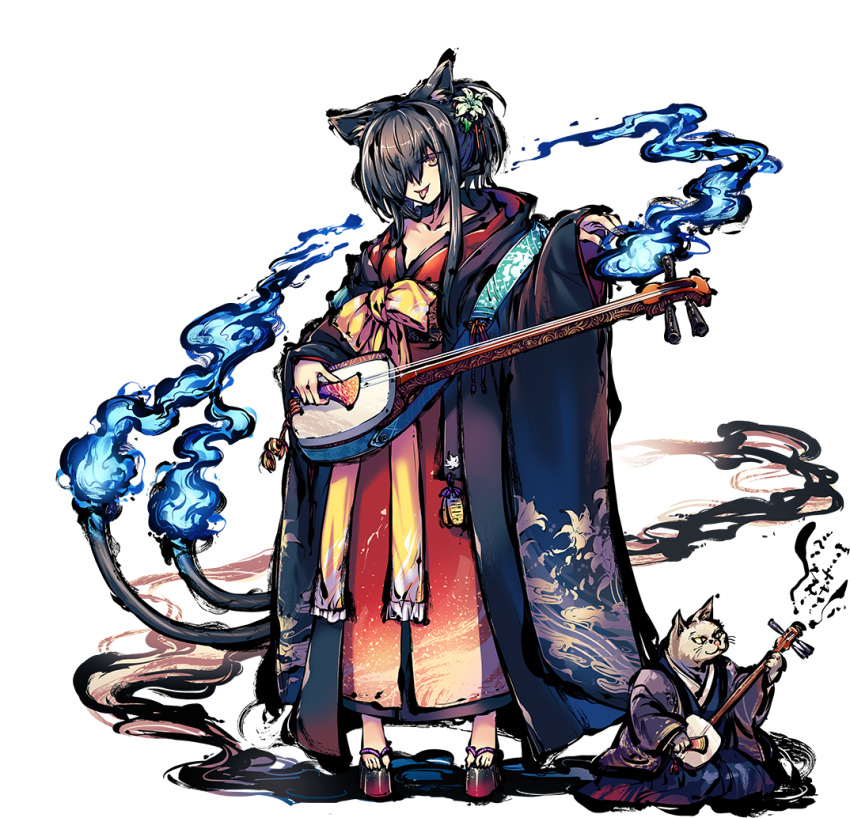 :p animal_ears black_hair blue_fire cat cat_ears fire flower full_body geta hair_flower hair_ornament hair_over_one_eye instrument japanese_clothes kimono koharu_(sennen_sensou_aigis) long_hair looking_at_viewer multiple_tails official_art sennen_sensou_aigis shamisen solo tail tail-tip_fire tongue tongue_out transparent_background two_tails yellow_eyes youkai
