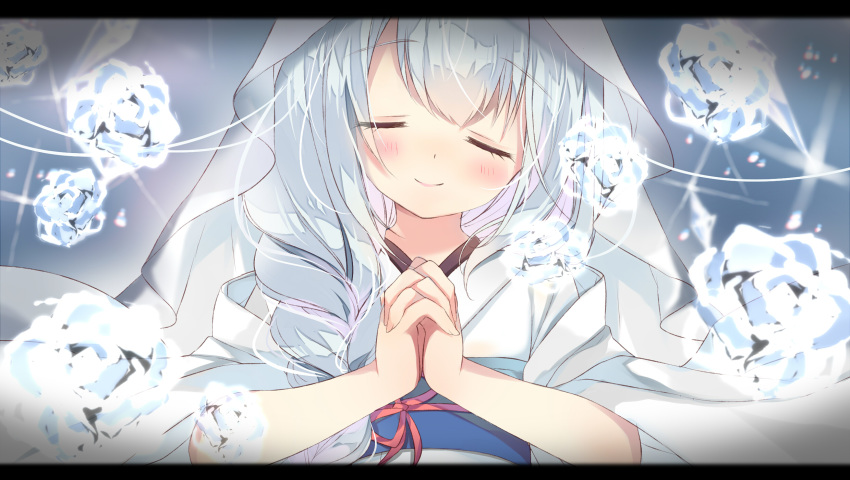 ame_usari bangs blush braid closed_eyes closed_mouth eyebrows_visible_through_hair facing_viewer fingernails flower hands_clasped hands_up highres hiyuki-chan hood hood_up ice japanese_clothes kimono letterboxed long_hair long_sleeves obi own_hands_together rose sash smile solo sound_voltex white_kimono wide_sleeves