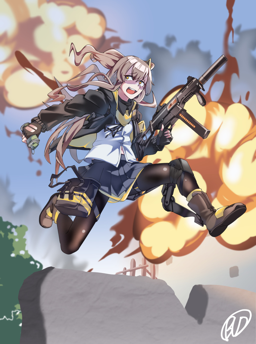 absurdres animal_ears armband bangs black_jacket brown_hair bud_(startwiths) commentary_request commission crossed_bangs explosion eyebrows_visible_through_hair fingerless_gloves girls_frontline gloves gun hair_between_eyes heckler_&amp;_koch highres holding holding_gun holding_weapon hood hooded_jacket jacket one_side_up open_clothes open_jacket pantyhose playerunknown's_battlegrounds ruins running scar scar_across_eye skirt smoke_grenade submachine_gun tears ump45_(girls_frontline) weapon