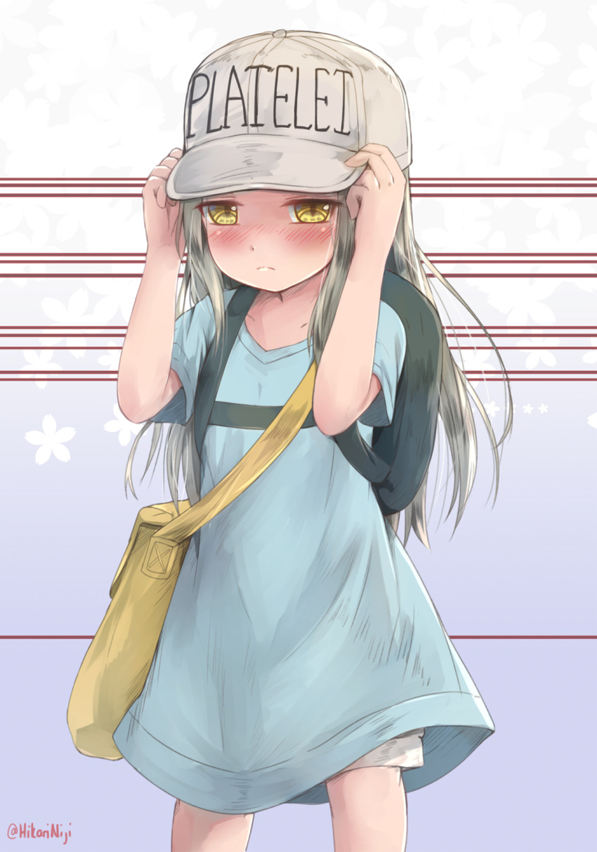 arms_up backpack bag blue_shirt blush character_name closed_mouth collarbone commentary english_commentary flat_cap grey_hat grey_shorts hands_on_headwear hat hataraku_saibou highres hikari_niji light_frown long_hair looking_at_viewer nose_blush oversized_clothes oversized_shirt platelet_(hataraku_saibou) shirt short_shorts short_sleeves shorts shoulder_bag solo standing twitter_username very_long_hair yellow_eyes
