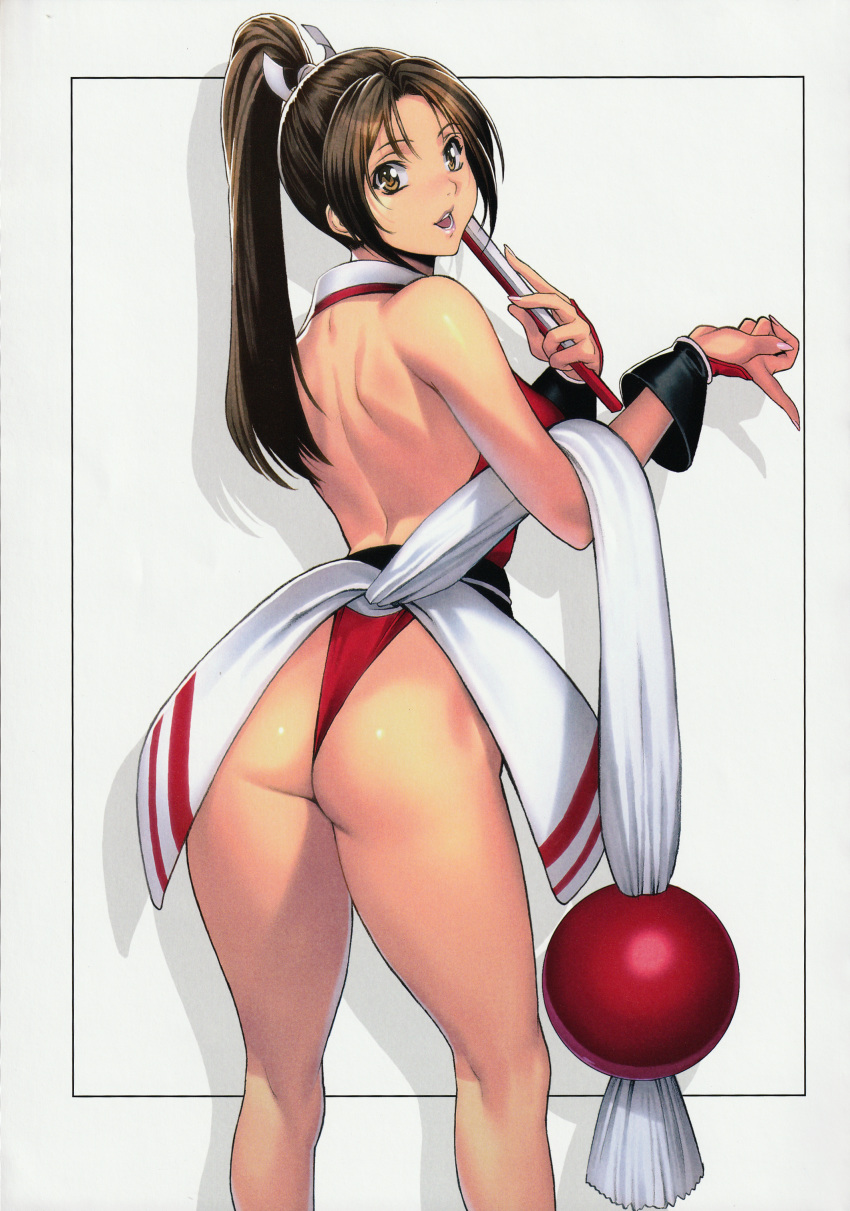 absurdres ass back backless_outfit bangs bare_back bare_shoulders breasts bridal_gauntlets brown_eyes brown_hair fatal_fury fingernails from_behind frown hair_ribbon hand_on_hip high_ponytail highres holding homare_(fool's_art) huge_filesize japanese_clothes kneepits large_breasts lips lipstick long_hair looking_at_viewer makeup ninja open_mouth panties ponytail red_panties ribbon sash scan shadow shiny shiny_skin shiranui_mai simple_background smile solo standing the_king_of_fighters thighs thong underwear