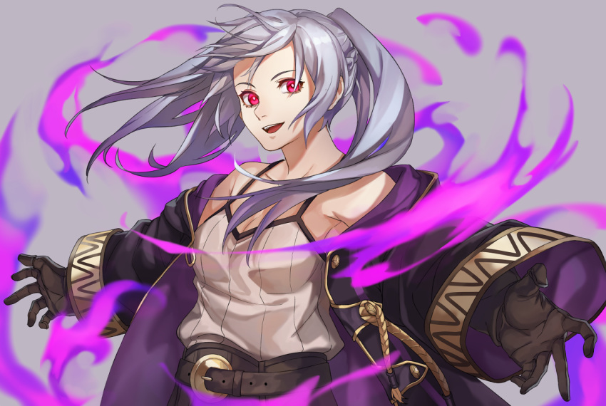 aura belt black_gloves breasts cleavage commentary dark_aura female_my_unit_(fire_emblem:_kakusei) fire_emblem fire_emblem:_kakusei fire_emblem_heroes gimurei gloves grey_background kamu_(kamuuei) long_sleeves my_unit_(fire_emblem:_kakusei) open_mouth outstretched_arms red_eyes robe simple_background solo spread_arms twintails white_hair wide_sleeves
