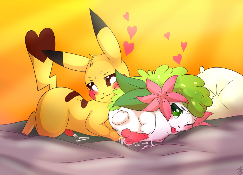 &lt;3 3_toes audrey bed black_nose blush brown_eyes brown_fur cum cum_on_bed fingering fur garruuk green_eyes heart_tail herm herm/male intersex intersex/male knot legendary_pok&eacute;mon male nintendo on_bed open_mouth penis pikachu pok&eacute;mon pok&eacute;mon_(species) precum pussy pussy_juice red_penis shaymin toes tongue tongue_out vaginal vaginal_fingering video_games white_fur yellow_fur