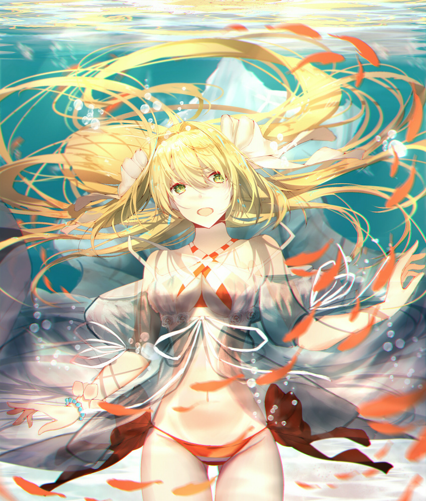 animal ass_visible_through_thighs bangs bare_shoulders bikini blonde_hair blush bow bracelet breasts cleavage commentary criss-cross_halter day eyebrows_visible_through_hair fate/grand_order fate_(series) fish flower green_eyes groin hair_between_eyes hair_bow halterneck head_tilt highres jewelry large_breasts long_hair looking_at_viewer nero_claudius_(fate)_(all) nero_claudius_(swimsuit_caster)_(fate) open_mouth outdoors re:rin rose see-through side-tie_bikini solo striped striped_bikini swimsuit thigh_gap underwater very_long_hair water white_bow white_flower white_rose